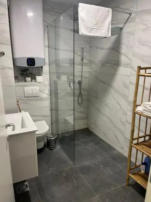 a bathroom with a shower and a sink and a toilet at R&B apartments in Belgrade