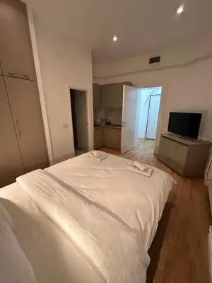 a bedroom with a large white bed and a television at City Centre Retreat Palmoticeva Studio in Belgrade