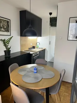 a kitchen with a table and chairs in a room at Oasis Residences A in Belgrade
