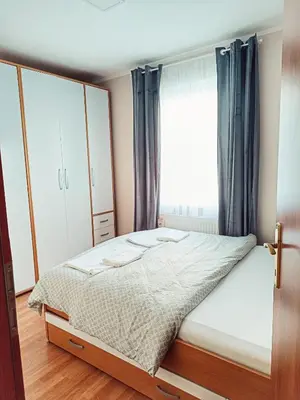 a bedroom with a bed and a window at Apartman Đul in Mladenovac
