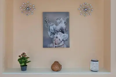 a white shelf with a picture on a wall with flowers at Biser 17 in Zemun