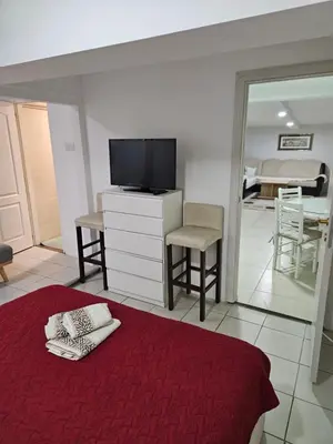 a bedroom with a bed and a tv and a chair at Atina in Žarkovo