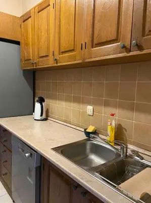 a kitchen counter with a sink and wooden cabinets at Grand Residency Luksuzan stan u centru grada in Belgrade