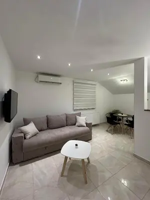 a living room with a couch and a table at Apartman Cristal LUX in Surčin