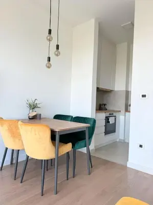 a dining room table and chairs in a kitchen at West 65 airport city apartment in Belgrade