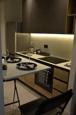 a kitchen with a counter with a sink and a stove at Waterfront Retreat with Garage and Balcony in Belgrade