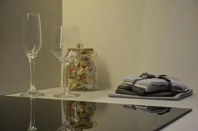 a shelf with two wine glasses and a towel at Waterfront Retreat with Garage and Balcony in Belgrade