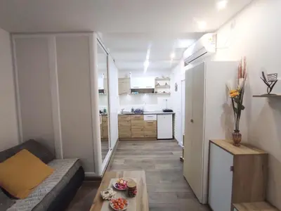 a small living room with a couch and a table at Wood Studio in Belgrade