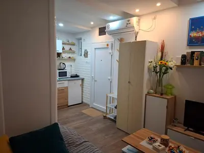 a kitchen and a living room with a refrigerator at Wood Studio in Belgrade
