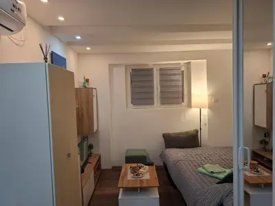 a small room with a bed and a table at Wood Studio in Belgrade