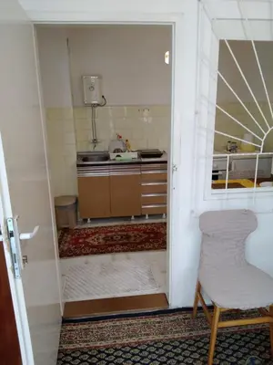 a kitchen with a door open to a kitchen with a sink at Home in flowers in Belgrade