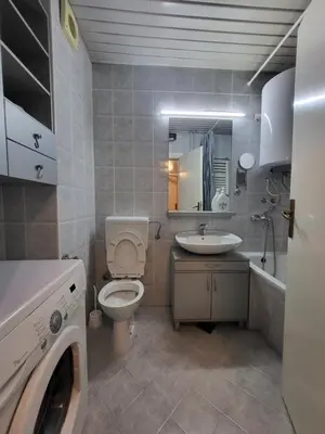 a bathroom with a toilet and a sink and a washing machine at Lucky Apartments New Belgrade in Belgrade