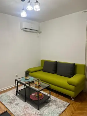 a green couch in a living room with a table at Aurora Apartmani Indjija in Inđija