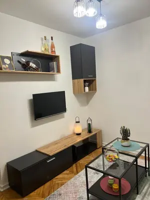 a living room with a tv and a table at Aurora Apartmani Indjija in Inđija