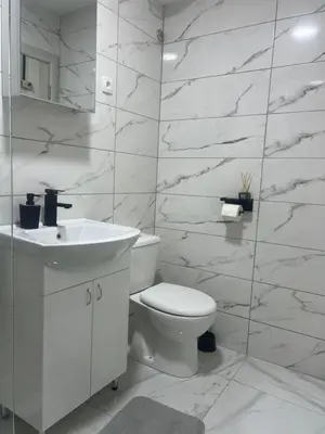 a white bathroom with a toilet and a sink at Aurora Apartmani Indjija in Inđija