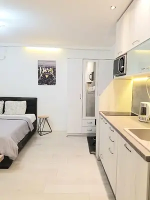 a bedroom with a bed and a kitchen with a sink at Rose City Centre Apartment in Belgrade