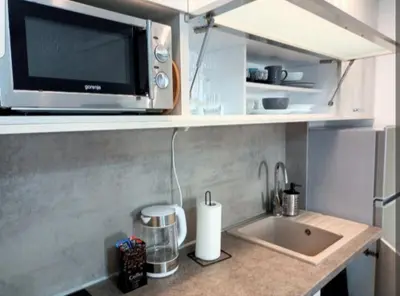 a kitchen counter with a microwave and a sink at Rose City Centre Apartment in Belgrade