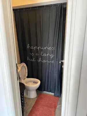 a bathroom with a toilet and a shower curtain at lovely studio apartment in Belgrade