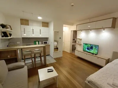 a living room with a couch and a kitchen at Stela apartment in Belgrade