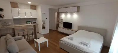 a living room with a couch and a kitchen at Stela apartment in Belgrade
