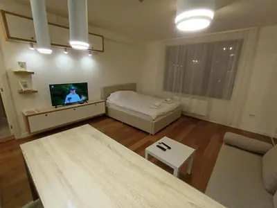 a small living room with a bed and a television at Stela apartment in Belgrade