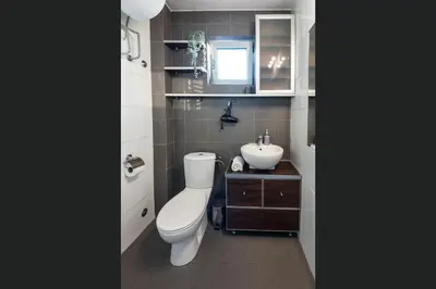 a bathroom with a toilet and a sink at Čubrina - central 2bdrm & 45m2 Rooftop Terrace in Belgrade