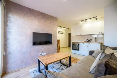a living room with a couch and a tv on a wall at Apartmani Sloboda in Belgrade