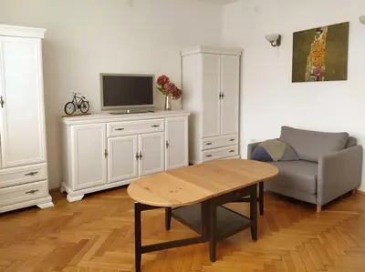 a living room with a table and a tv at Central apt Jovanova in Belgrade