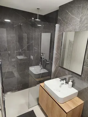 a bathroom with a sink and a shower at Novi Dorcol Big in Belgrade