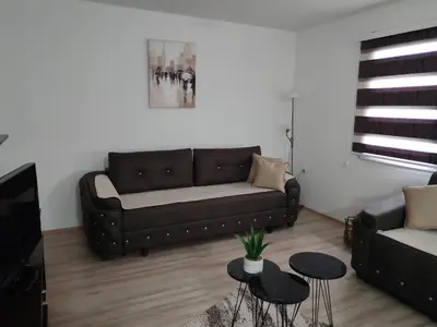 a living room with a leather couch and tables at Sveti Luka- OBRADOVIĆ SOKAK 41 in Šimanovci