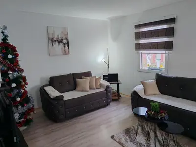 a living room with a christmas tree and a couch at Sveti Luka- OBRADOVIĆ SOKAK 41 in Šimanovci