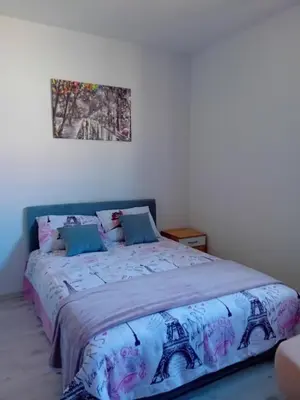 a bed in a bedroom with a picture on the wall at AlejaPark in Železnicka Stanica Inđija Selo