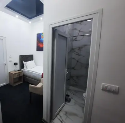 a bathroom with a shower with a mirror and a bed at Authentic Belgrade Centre - 7 suites for 15 Guests, with patios in courtyard for smokers in Belgrade