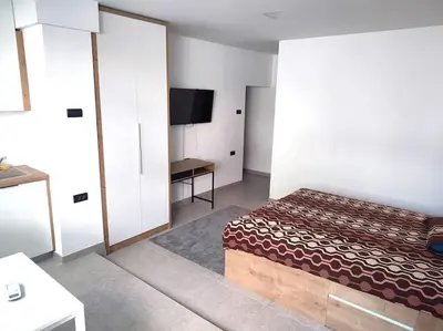 a small bedroom with a bed and a tv at Asja studio in Belgrade