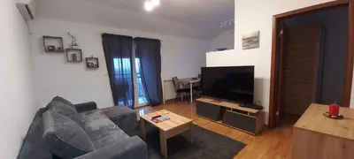 a living room with a couch and a television at Apartman EXPO Surčin in Surčin