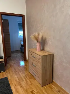 a room with a dresser with a potted plant on it at Apartman EXPO Surčin in Surčin