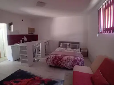 a bedroom with a bed and a desk and a desk and a chair at AlejaPark Inđija in Železnicka Stanica Inđija Selo