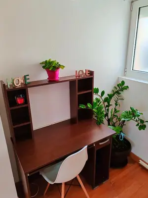 a wooden computer desk with a chair and plants at Modern City Center Apartment - Rajiceva Loft in Belgrade