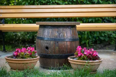 two pots of flowers sitting next to a bench at Apartman LAVANDA in Šumarak