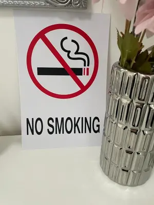 a sign with a no smoking sign next to a vase at Smile 1 in Belgrade