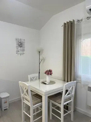 a white dining room table with chairs and a vase with flowers at Smile 1 in Belgrade