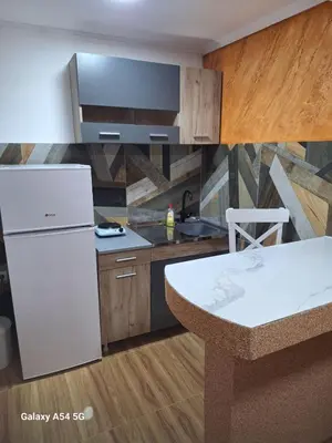 a kitchen with a white refrigerator and a counter at Dream 5 in Belgrade