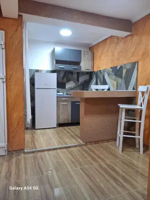a kitchen with a white refrigerator and a counter at Dream 5 in Belgrade