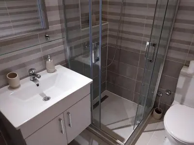 a bathroom with a shower and a sink and a toilet at Maximus Apartments in Belgrade