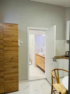 a bathroom with a sink and a toilet and a door at Maximus Apartments in Belgrade