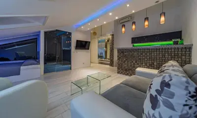 a living room with a couch and a fireplace at Morning Wood - Skylight in Belgrade