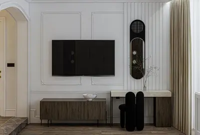 a living room with a tv and a snowboard on the wall at Heaven Luxury Suites in Belgrade