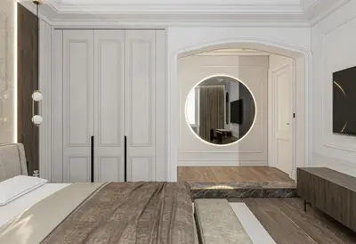 a bedroom with a bed and a round mirror at Heaven Luxury Suites in Belgrade