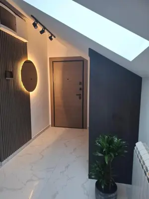a hallway with a door and a potted plant at Stef Lux Apartments in Belgrade