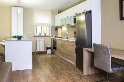 a kitchen with a stainless steel refrigerator and wooden floors at Malvex in Belgrade